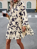 Momentlover Tied Split-Joint Printed Puff Sleeves Loose Mock Neck Mini Dresses