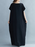 Momentlover Casual Artistic Retro Striped V-Neck Short Sleeves Maxi Dress