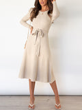 Momentlover Tied Waist Solid Color Long Sleeves High Waisted Round-Neck Sweater Dresses Midi Dresses