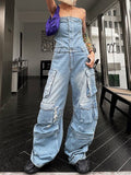 Momentlover Split-Joint Pockets Hollow Buttoned Wide Leg Sleeveless Tube Jumpsuits