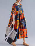 Momentlover Original Printing Split-Joint Round-Neck Midi Dress