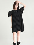 Momentlover Urban Puff Sleeves Split-Joint Black Pleated Mini Dress