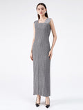 Momentlover Urban Loose Solid Color Tied Pleated Top&V-Back Vest Dress Two Pieces Set