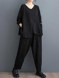 Momentlover Solid Color Long Sleeves Asymmetric Split-Joint V-Neck T-Shirts Top + Harem Pants Elasticity Pants Bottom Two Pieces Set