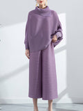Momentlover Simple Loose Long Sleeves Pleated Solid Color High-Neck T-Shirt Top&Wide Legs Pants Two Pieces Set