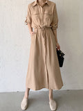 Momentlover Casual A-Line Long Sleeves Bandage Solid Color Lapel Collar Shirt Midi Dresses