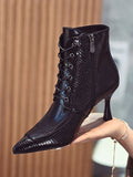 Momentlover Split-Joint Snake Shape Pointed-Toe Lace-Up Pumps Boots
