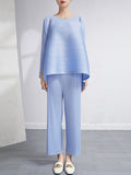 Momentlover Loose Pleated Solid Color High-Low Round-Neck T-Shirts  + Pants Two Pieces Set