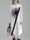 Momentlover Three-Dimensional Flower Asymmetric Loose Long Sleeves Round-Neck Midi Dresses