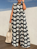 Momentlover Loose Sleeveless Contrast Color Printed Round-Neck Jumpsuits