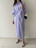 Momentlover Striped Pockets Contrast Color Buttoned Loose Long Sleeves Lapel Shirt Dress Midi Dresses