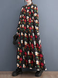 Momentlover Split-Joint Flower Print Buttoned Loose Long Sleeves Round-neck Midi Dresses