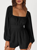 Momentlover Tied Solid Color Elasticity Backless Puff Sleeves Loose Square-Neck Rompers