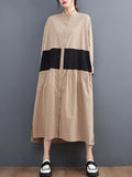 Momentlover Original Creation Long Sleeves Loose Buttoned Contrast Color Stand Collar Midi Dresses