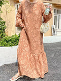 Momentlover Tied Waist Split-Joint Solid Color Pleated Flower Print Puff Sleeves Loose Round-Neck Maxi Dresses