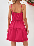 Momentlover Solid Color Falbala Sleeveless Loose Spaghetti-Neck Mini Dresses