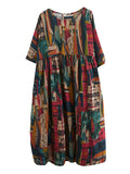 Momentlover Vintage Loose Abstract Printed Pleated Round-Neck Half Sleeves Midi Dress