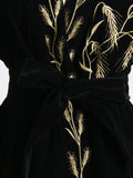 Momentlover Tied Waist Embroidered Puff Sleeves Loose V-Neck Mini Dresses