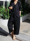 Momentlover Casual Linen V-neck Jumpsuit