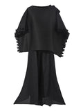 Momentlover Casual Loose Pleated Solid Color Round-Neck T-Shirt Top&Wide Legs Pants Two Pieces Set
