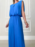 Momentlover Split-Joint Solid Color Pleated Elasticity Backless Sleeveless High Waisted Jumpsuits