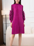 Momentlover Solid Color Pleated Embroidered Loose Long Sleeves Round-neck Midi Dresses