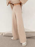 Momentlover Casual Solid Color Irregularity High-Neck Sweater& Wide Leg Pants Suits