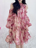 Momentlover Tiered Lace-Up Floral Printed Puff Sleeves Loose Cold Shoulder Mini Dresses