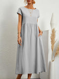 Momentlover Solid Color Pleated Short Sleeves Loose Round-Neck Midi Dresses
