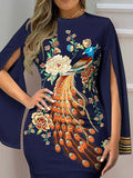 Momentlover Plus Size Peacock Floral Print Striped Bodycon Dress AT9666
