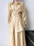 Momentlover Solid Color Long Sleeves Tied Waist Blouse + Loose Elasticity Waist Skirt Two Pieces Set