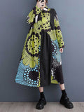 Momentlover Split-Joint Printed Buttoned Asymmetric Loose Long Sleeves Lapel Shirt Dress Midi Dresses