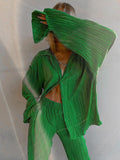 Momentlover Loose Solid Color Pleated Blouse&Wide Legs Pants 2 Pieces Set