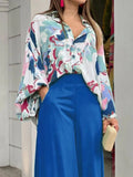 Momentlover  Loose Long Sleeves Floral Printed Blouses + High-Waisted Solid CoLor Wide Leg Pants Trousers Two Pieces Set