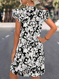 Momentlover Tied Split-Joint Printed Short Sleeves Ruffle Sleeves V-Neck Mini Dresses