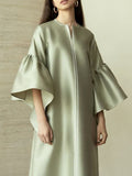 Momentlover Solid Color Falbala Wrap Flared Sleeves Round-Neck Midi Dresses