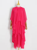 Momentlover Tiered Solid Color Raglan Sleeve Loose Stand Collar Maxi Dresses