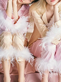 Momentlover Split-Joint Long Sleeves Buttoned Feathers Notched Collar Shirts Top + Pants Bottom Pajama Sets