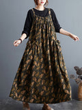 Momentlover Artistic Retro Ramie Cotton Loose 3 Colors Floral Printed Square-Neck Sleeveless Strap Dress
