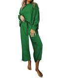 Momentlover Solid Color Long Sleeves Loose Round-Neck Shirts Top + Drawstring Pants Bottom Two Pieces Set