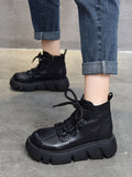 Momentlover Vintage Cow Leather Wool Boots Platform Shoes