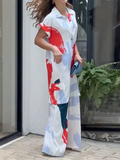 Momentlover Printed Wide Leg Loose Lapel Collar Jumpsuits