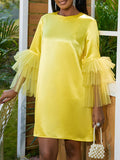 Momentlover Tulle Split-Joint Solid Color Shiny Plus Size Loose Round-Neck Mini Dresses