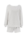 Momentlover Solid Color Long Sleeves Loose Elasticity Round-Neck Shirts Top + Shorts Bottom Two Pieces Set