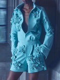 Momentlover Three-Dimensional Flower Solid Color Loose Long Sleeves V-Neck Rompers