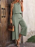 Momentlover Loose Sleeveless Pockets Solid Color Round-Neck Vest Top&Pants Two Pieces Pants Set