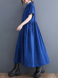 Momentlover Simple Short Sleeves Loose Buttoned Falbala Split-Joint Solid Color Midi Shirt Dress