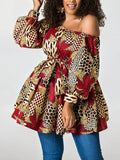Momentlover Tied Waist Flower Print Elasticity Three-Quarter Sleeves Puff Sleeves One-Shoulder Mini Dresses