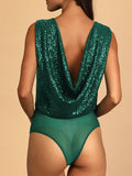 Momentlover Split-Joint Sequined See-Through High-Waisted Sleeveless Skinny V-Neck Bodysuits