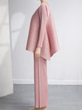 Momentlover Loose Pleated Solid Color High-Low Round-Neck T-Shirts  + Pants Two Pieces Set
